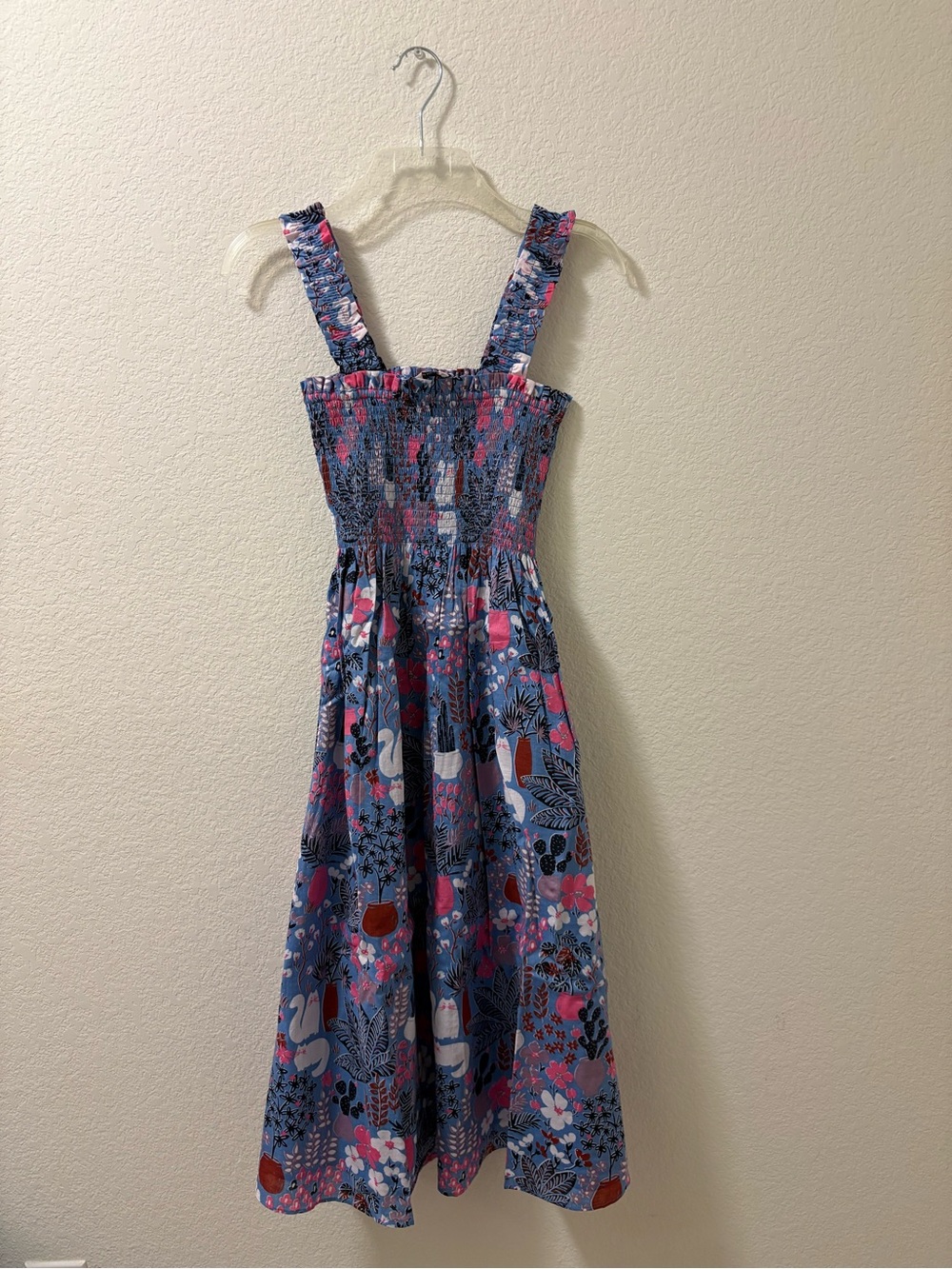 Kate Spade garden posy smocked midi sundress cactus cat. Size XS. NWOT